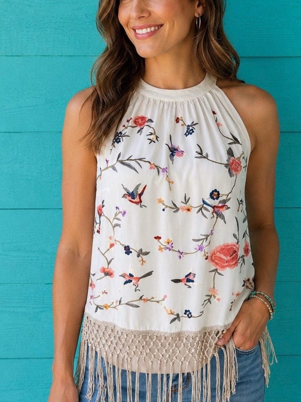 Anthropologie Fun & Flirty embroidered Birds & Floral Halter Top with Fringe